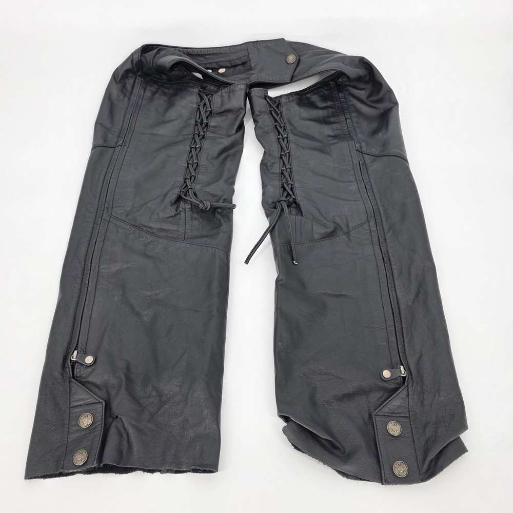 Harley Davidson Leather Chaps Womens XL Side Zippers Braided Straps Button Biker